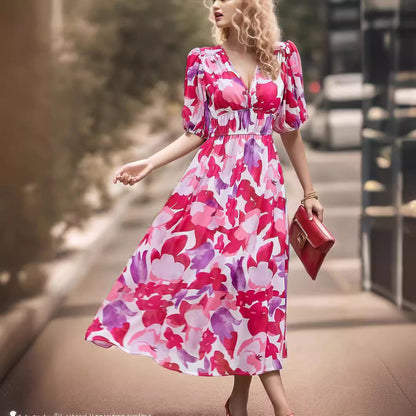 Dress women midi – fitted waist – V-neck – puff sleeves – breathable fabric – print