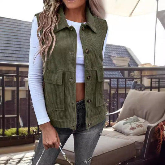 Women's Vest without Sleeves – Corduroy – Relaxed Fit – Button Opening – Pockets