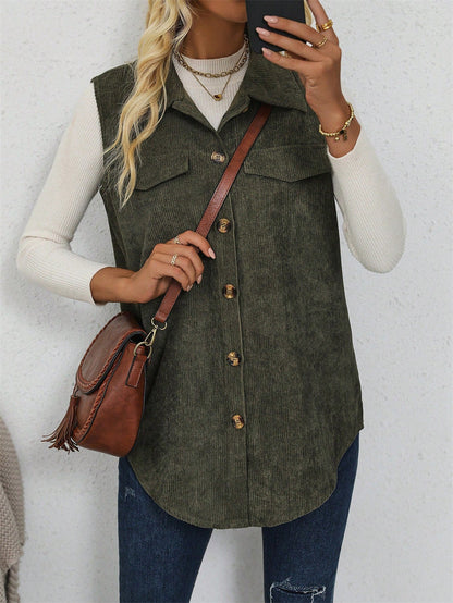 Women's Vest – Soft Corduroy – Relaxed Fit – Button Closure and Chest Pockets