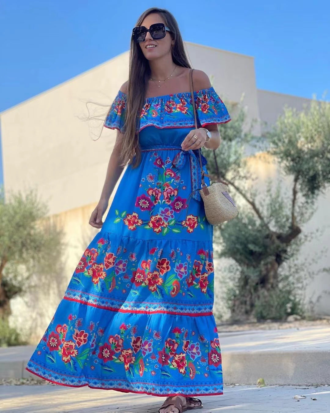 Women's Maxi Dress – Off Shoulder – Ruffle Edge – Floral Print – Belt at Waist