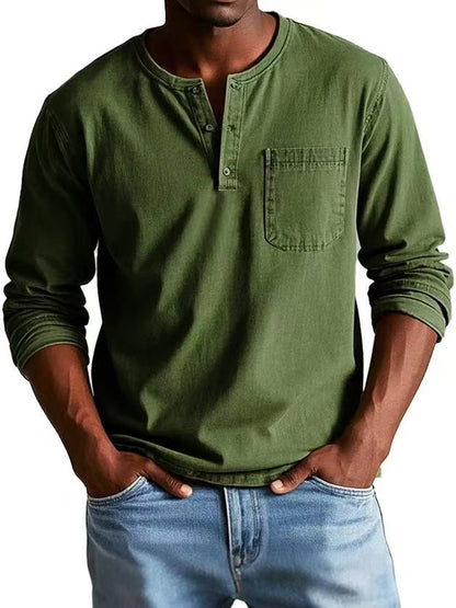 Men's Long-Sleeve T-Shirt – Slim Fit – Breathable Fabric – Button Neck and Chest Pocket