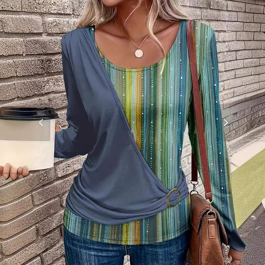 Women's Long-Sleeve Top – Relaxed Fit – Round Neck – Striped Panel Design