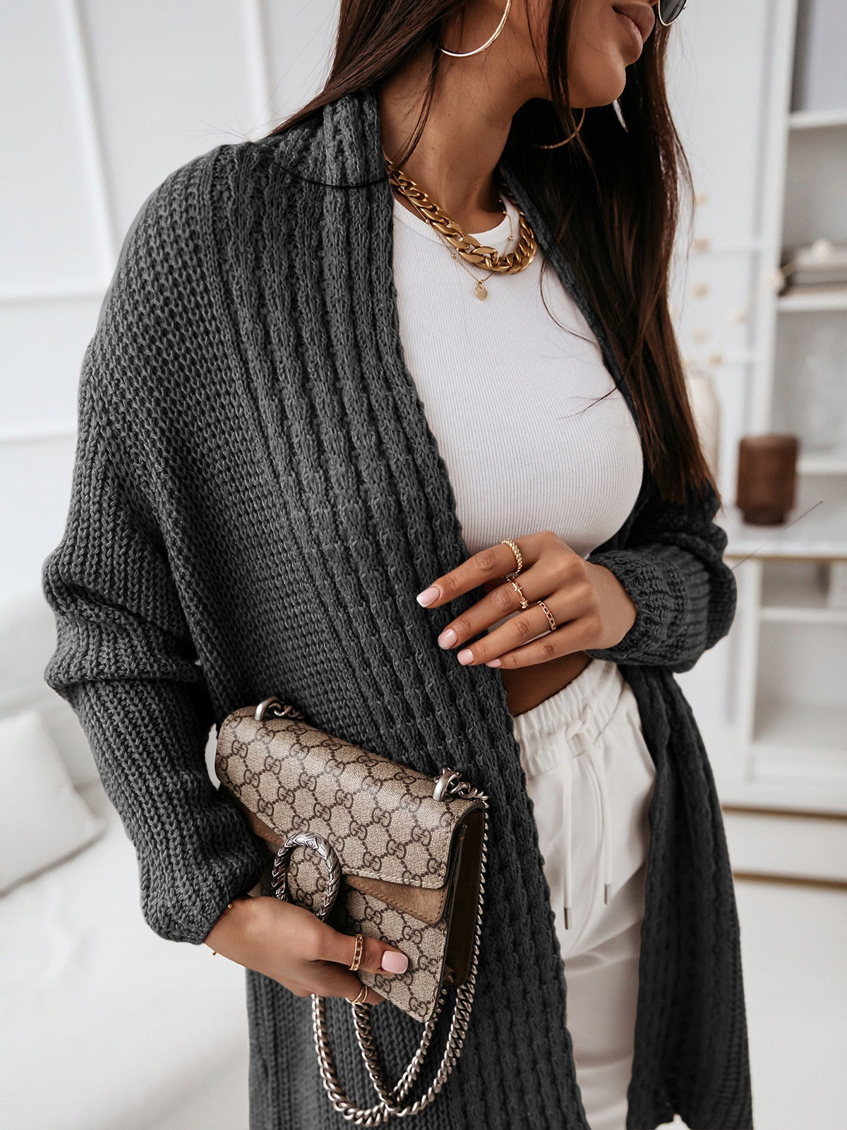 Women's Long Cardigan – Wool Knit – Relaxed Fit – Open Front – Ribbed Structure