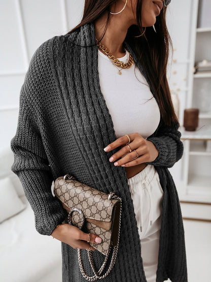 Women's Long Cardigan – Wool Knit – Relaxed Fit – Open Front – Ribbed Structure
