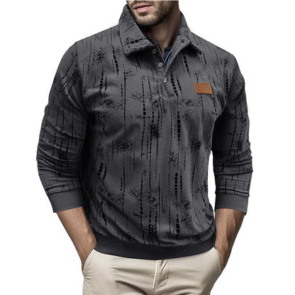 Men's Sweater – Relaxed Fit – Ribbed Knit – Button Collar – Patterned