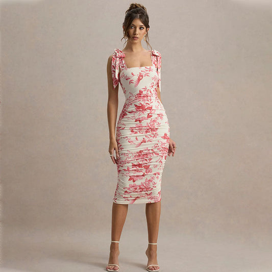 Dress for Women – Bodycon Fit – Floral Print – Tie Band – Midi Length