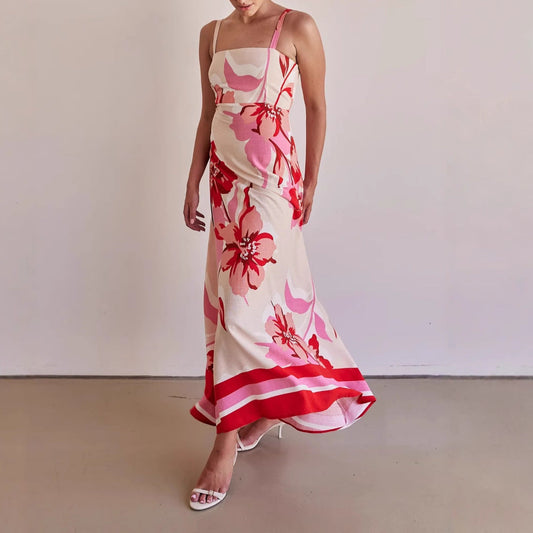 Dress for Women – Long Maxi Dress – Fitted Waist – Floral Print – Spaghetti Straps