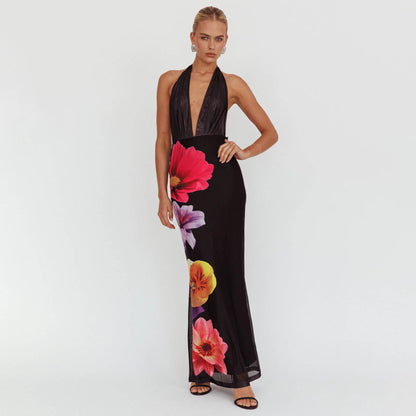 Kjole Dame Maxi – Smal Passform – Halterneck – Dyp V-hals – Blomstret Flowy Tekstil