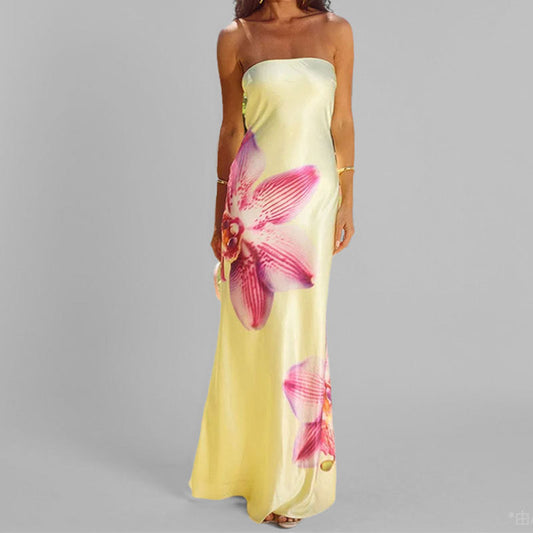 Women's Maxi Dress – Strapless – Slim Fit – Floral Pattern – Lightweight Fabric