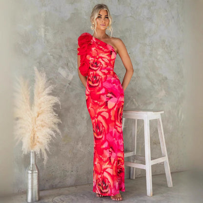 Dress for Women – Slim Fit – One Shoulder – 3D Flower – Satin-like Fabric