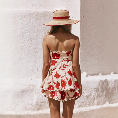 Women's Set – Linen-like Fabric – Relaxed Fit – Floral Pattern – Lace Trim