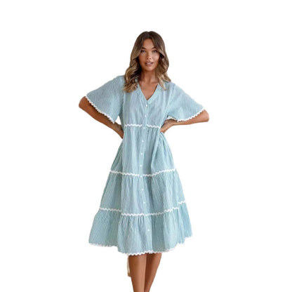 Dress woman – V-neck – Loose fit – Lace and buttons – Midi with short sleeves