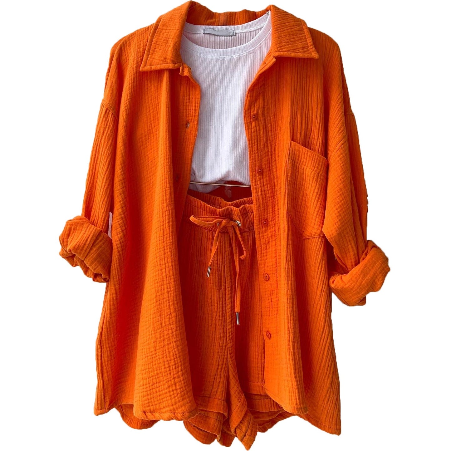 Women's Two-Piece Set – Relaxed Collared Shirt – High-Waisted Drawstring Shorts