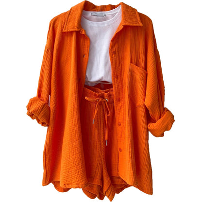 Women's Two-Piece Set – Relaxed Collared Shirt – High-Waisted Drawstring Shorts