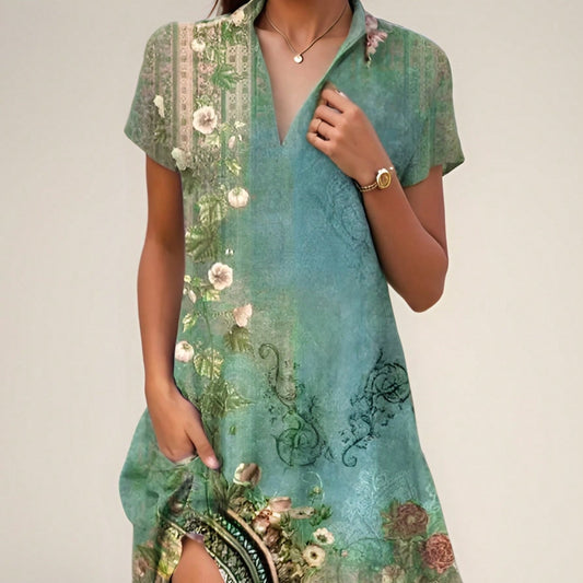 Women's Maxi Dress – Bohemian Pattern – Loose Fit – Short Sleeve – Round Neck
