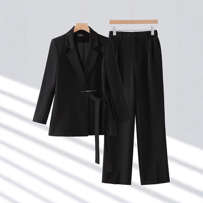 Women's Pantsuit – Tailored Blazer – Belted Waist – Wide Legs – Luxurious Fabric