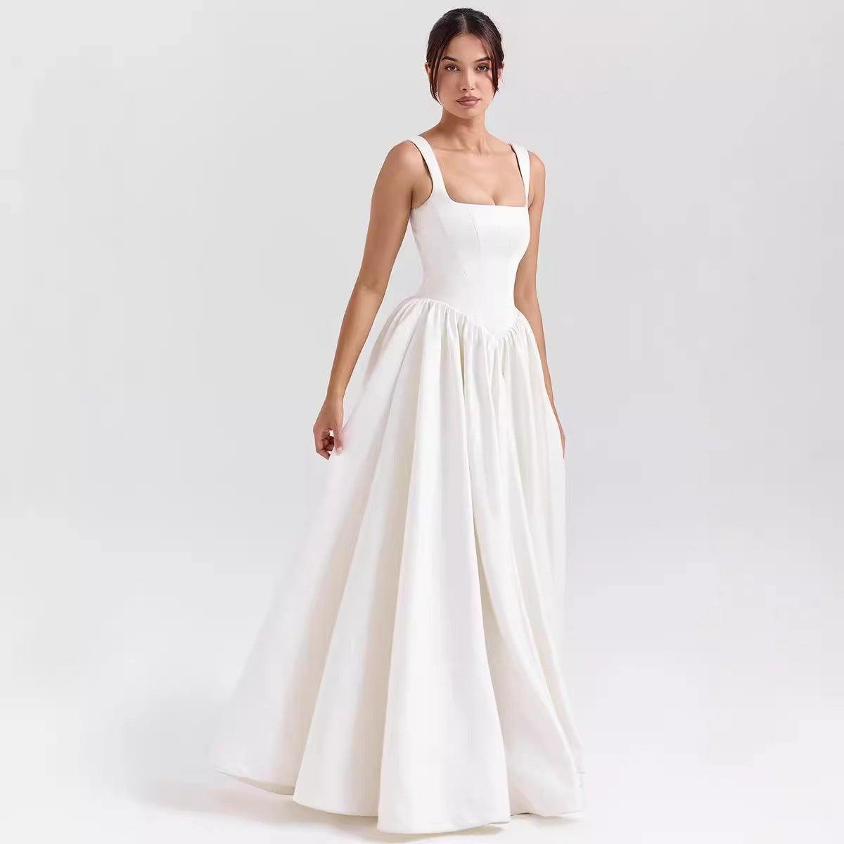 Dress for Women – Maxi Length – Slim Waist – Wide Skirt – Square Neckline – Cotton