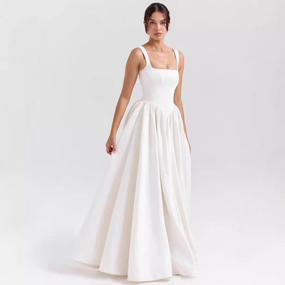 Dress for Women – Maxi Length – Slim Waist – Wide Skirt – Square Neckline – Cotton