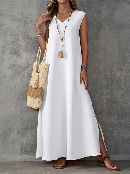 Women's Maxi Dress – Relaxed Fit – V-Neck – Sleeveless – Side Slits – Cotton Blend