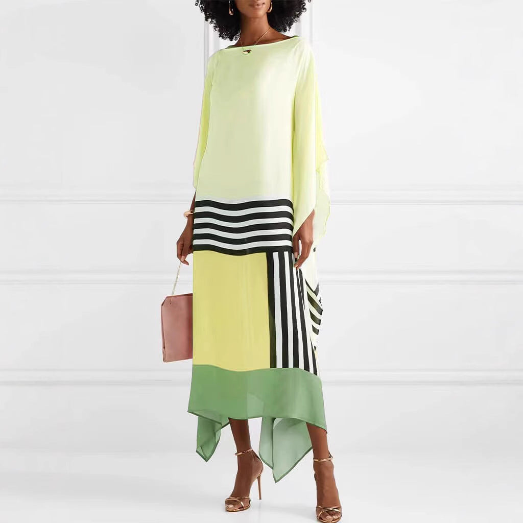 Women's Maxi Dress – One Shoulder – Loose Fit – Asymmetric Hem – Striped Panel