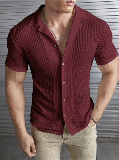 Men's T-Shirt – Slim Fit – Waffle Texture – Buttons – Short Sleeve – Relaxed Style