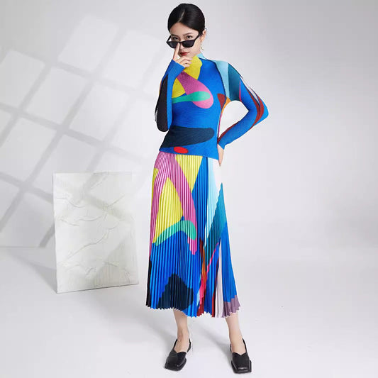 Women's Dress Set – Fitted Top with High Neck – Pleated Midi Skirt – Elastic Fabric