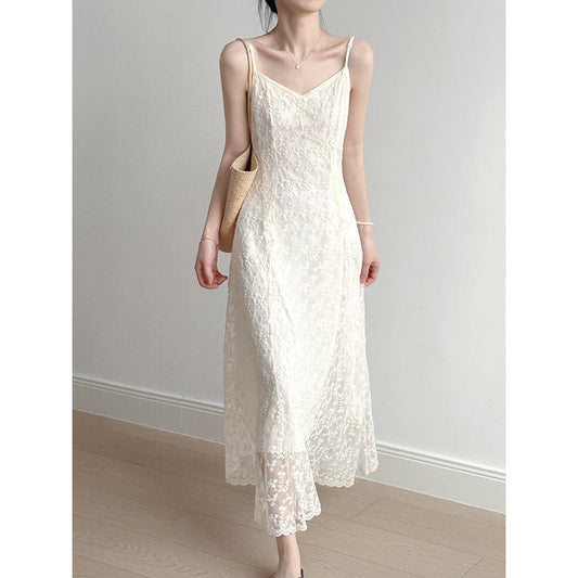 Dress woman maxi dress – lace – slim fit – embroidered floral pattern – V-neck