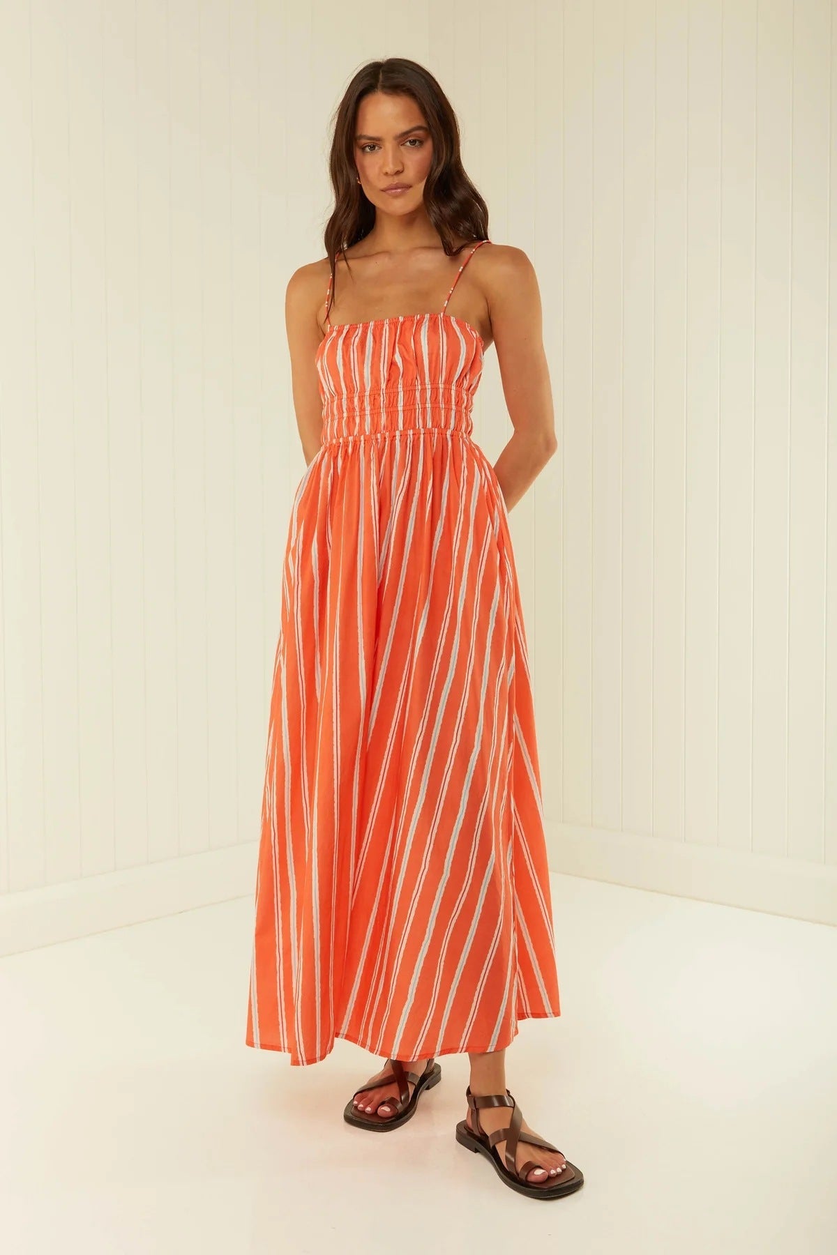 Maxi Dress Women – Off-Shoulder – Spaghetti Straps – Light Cotton – Ruched Waist – Loose Fit