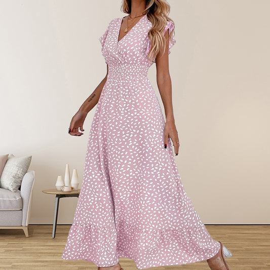 Maxi Dress for Women - Smocked Waist - Short Sleeves - Leaf Print