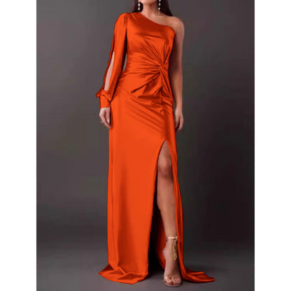 Dress for Women – Maxi Dress – Slim Fit – Satin – One Shoulder – High Slit – Draped Waist
