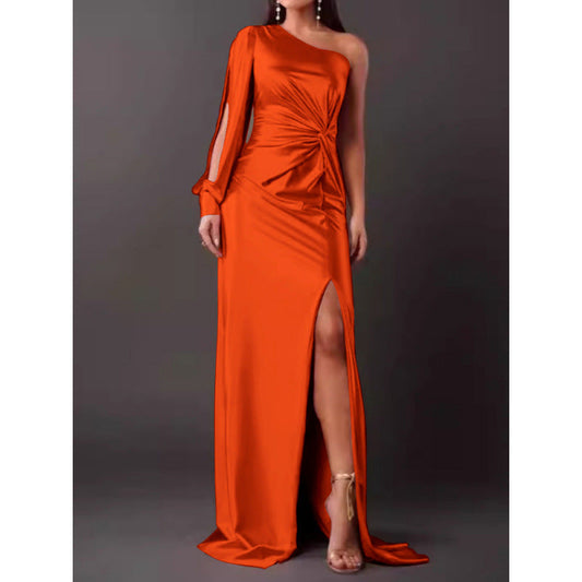 Dress for Women – Maxi Dress – Slim Fit – Satin – One Shoulder – High Slit – Draped Waist