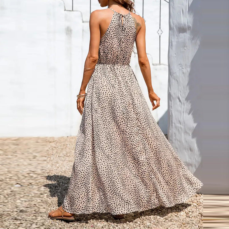 Dress for Women – Halterneck – Sleeveless A-line – Polka Dot – Long with Slit