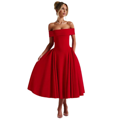 Dress woman – Off shoulder – A-line fit – Elegant formal midi length