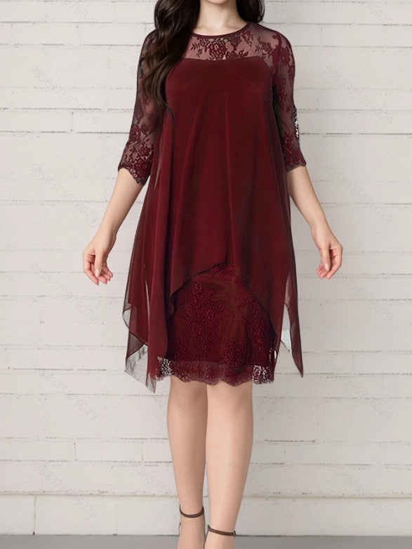 Dress woman – Chiffon – Layer-on-layer design – Lace sleeves – Midi length – Elegant fit