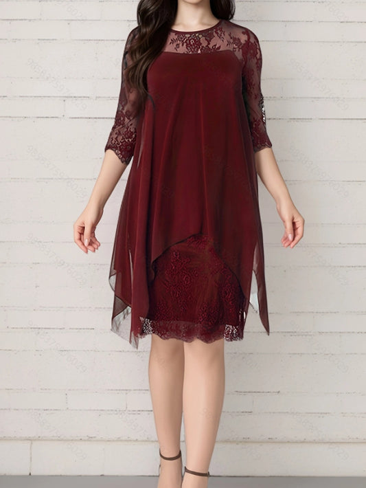 Dress woman – Chiffon – Layer-on-layer design – Lace sleeves – Midi length – Elegant fit