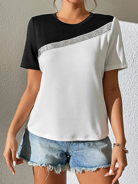 Women's T-shirt – Relaxed fit – Knitted fabric – Round neck – Sequin detail