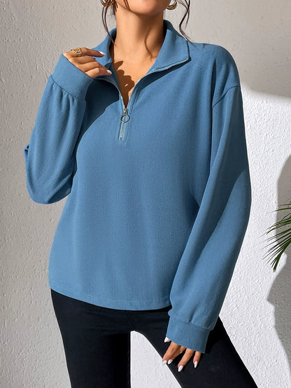 Women's Sweater with Half Zipper – Relaxed Fit – Cotton Blend – Long Sleeves