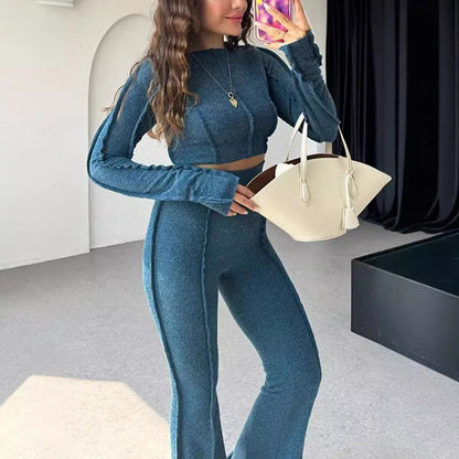 Women's Set – Ribbed Knit Loungewear – Slim Fit – Cropped Sweater and High-Waisted Pants
