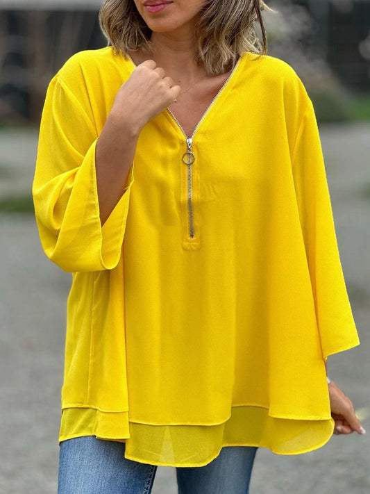 Women's Blouse – Chiffon – Loose Fit – V-neck with Zipper – 3/4 Sleeves – Layered Hem
