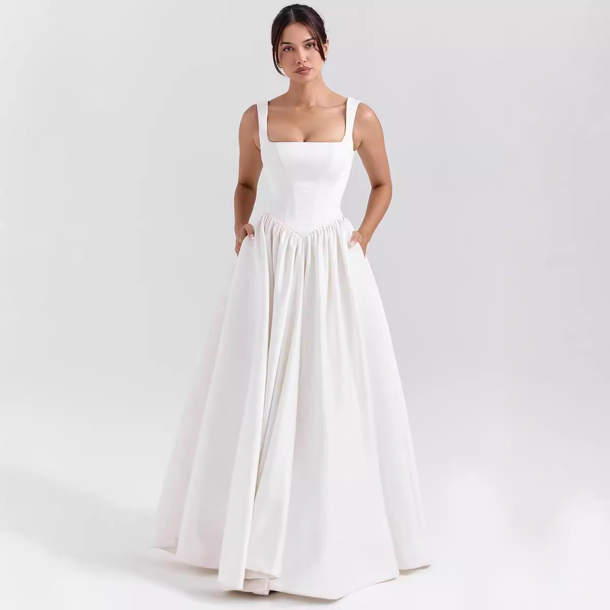 Dress for Women – Maxi Length – Slim Waist – Wide Skirt – Square Neckline – Cotton