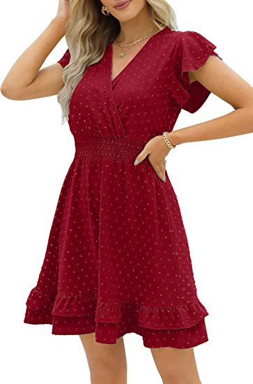 Women's Dress - Flared Sleeve, Wrap, V-Neck - Elastic Waist - Polka Dot - Ruffle Hem