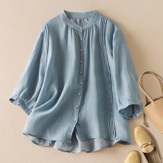 Women's Shirt with Half Sleeve – Relaxed Fit – Natural Fibers – Stand Collar – Pleat Detail