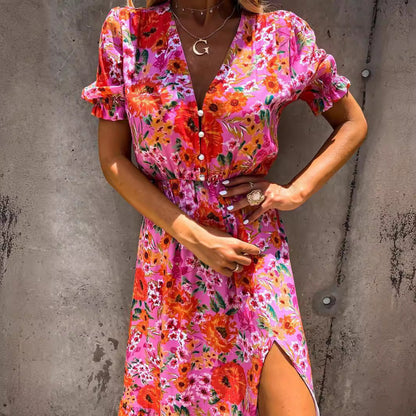 Women's Maxi Dress – High Waist – V-neck – Short Sleeves – Floral Print – Slit