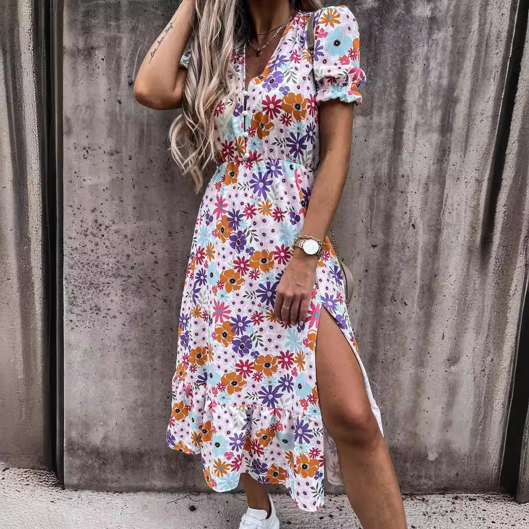 Women's Maxi Dress – High Waist – V-neck – Short Sleeves – Floral Print – Slit