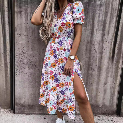 Women's Maxi Dress – High Waist – V-neck – Short Sleeves – Floral Print – Slit