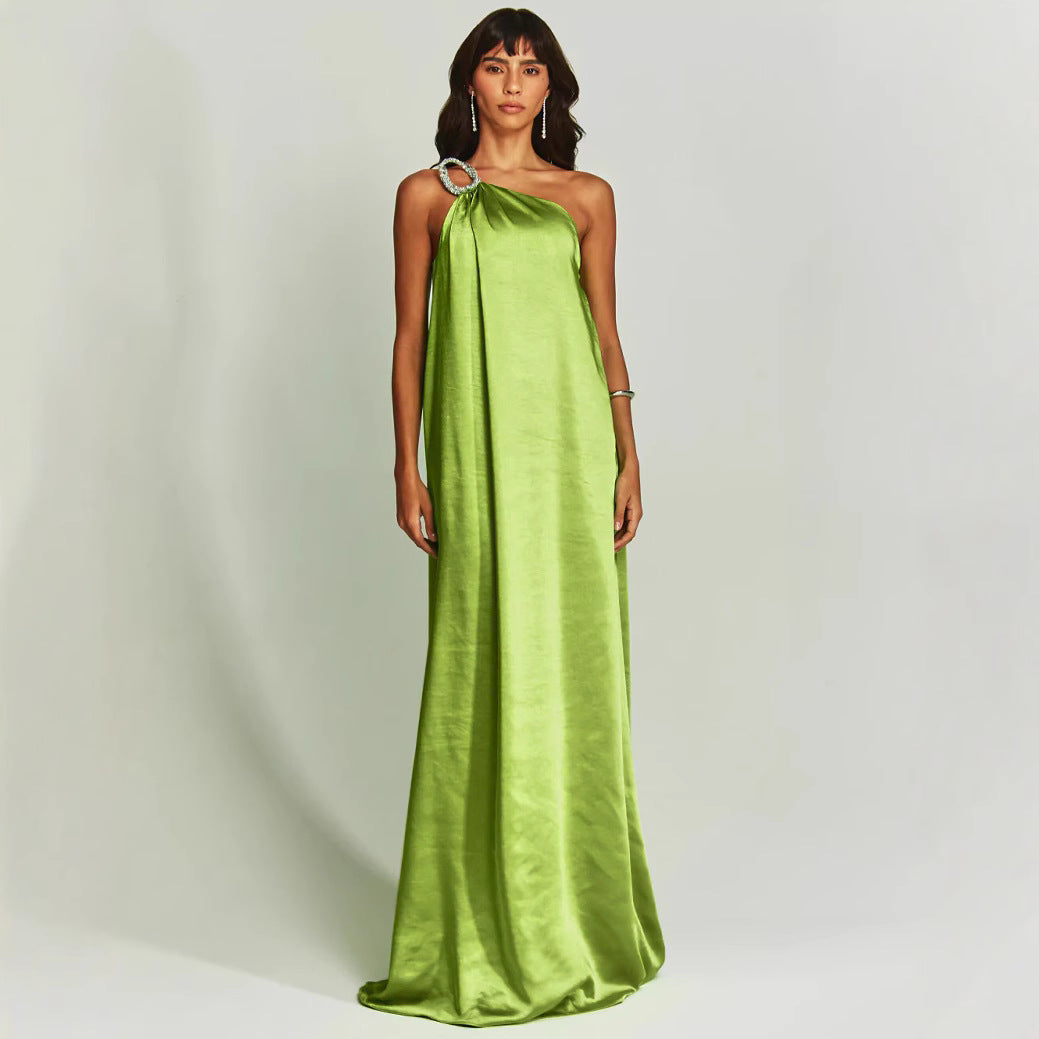 Dress for Women – Long Evening Dress – Satin – One Shoulder – Loose Fit – Ring Detail