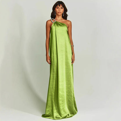 Dress for Women – Long Evening Dress – Satin – One Shoulder – Loose Fit – Ring Detail