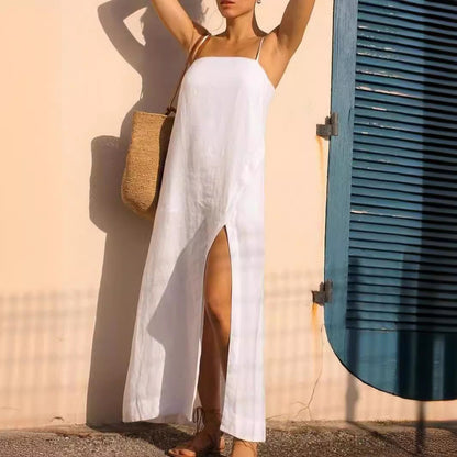 Dress woman – Midi length – Spaghetti straps – Cotton linen blend – Relaxed fit