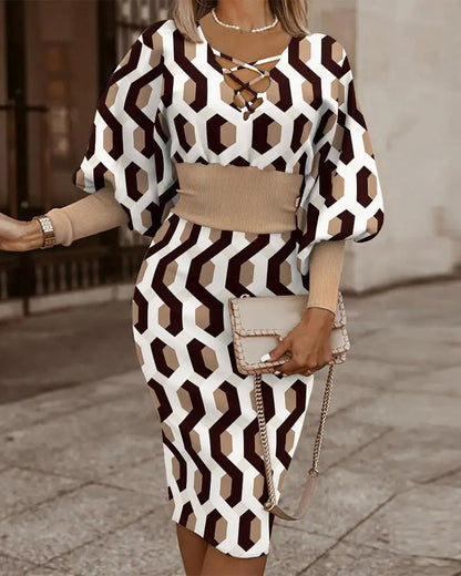 Dress woman – Bodycon fit – V-neck cross detail – Checkered pattern – Long sleeves