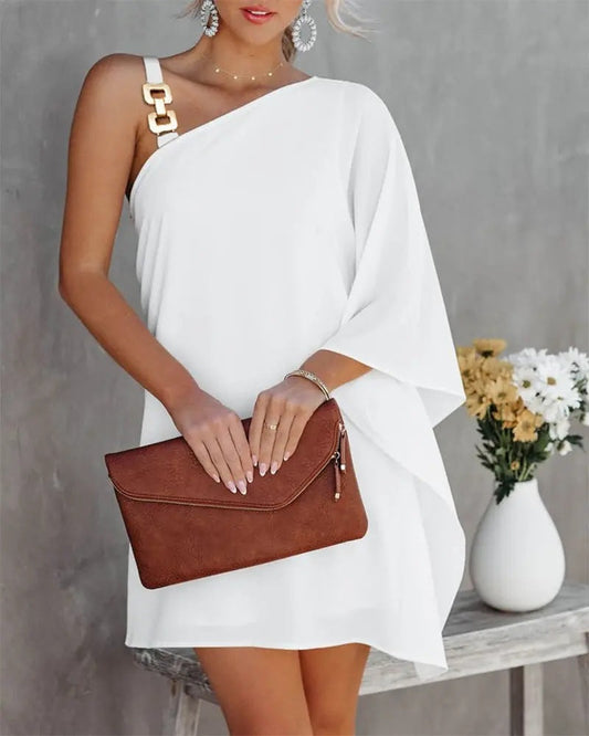 Dress for Women – Off-Shoulder – Loose Fit – Batwing Sleeves – Metal Strap – Knee-Length